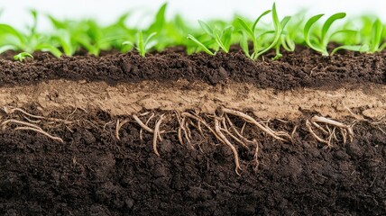 Wall Mural - A close-up view of soil layers showcasing roots of plants emerging from dark, rich earth, highlighting the importance of soil health for growth.