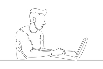 Wall Mural - Young man sits working at a laptop computer. Designer manager works on the Internet. One continuous drawing line, logo single hand drawn art doodle isolated minimal illustration.