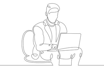 Wall Mural - Young man sits working at a laptop computer. Designer manager works on the Internet. One continuous drawing line, logo single hand drawn art doodle isolated minimal illustration.