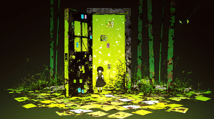 Wall Mural - a young girl stands before an open door in a mystical forest, surrounded by vibrant foliage and scat