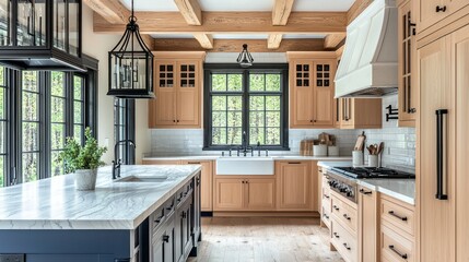 a spacious kitchen with maple cabinets, white-veined marble countertops, and a navy blue island