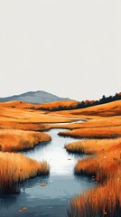 Wall Mural - Serene autumn landscape with a meandering stream flowing through golden fields and low hills under a pale sky.