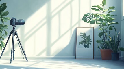 Wall Mural - Sunlit studio interior with camera, plants, and artwork.