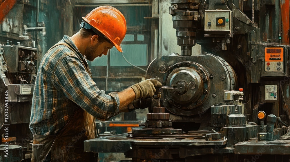 Male industrial worker operating machinery in a factory. Stock Photo ...