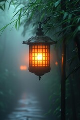 Wall Mural - Illuminated lantern hangs in misty bamboo forest.