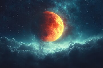 Wall Mural - Fiery orange moon, starry night, dark clouds.