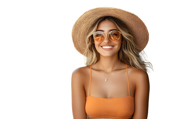 woman in straw hat and orange bikini on white background