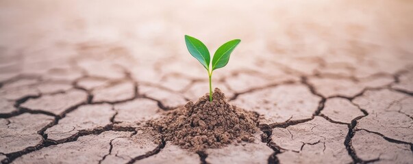 Wall Mural - A green sprout emerges from dry, cracked soil, symbolizing resilience and hope in a barren landscape.