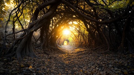 Wall Mural - Enchanted tunnel of intertwined trees bathed in golden sunlight nature scene tranquil environment serene view