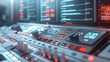 © Phirakhup - Close up of futuristic control panel with glowing buttons and screens