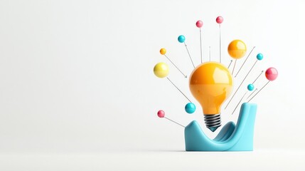 Poster - Creative light bulb concept with colorful spheres and dynamic lines representing innovation, ideas, and inspiration in a modern design setting