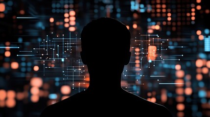 Fototapete - Silhouette of a Person Against a Futuristic Digital Background with Glowing Data Streams and Geometric Patterns in Blue and Orange Colors