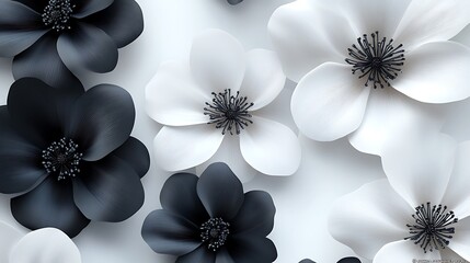 3D A seamless pattern of large black and white flowers, vector illustration, white background, 