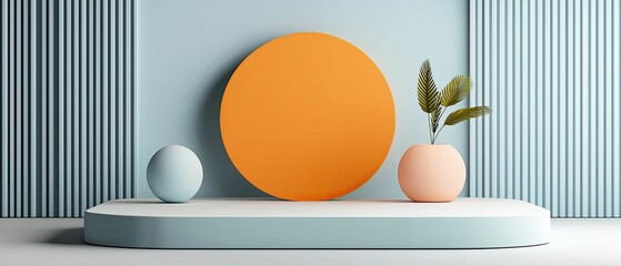 Wall Mural - a modern minimalist setup featuring geometric shapes, soft pastels, and a potted plant, creating a s