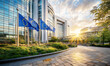 © Mobasser - A modern European business district with glass buildings, EU flags, and green trees under a clear blue sky, symbolizing progress, unity, and sustainable urban planning