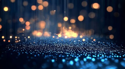 Representation of advanced tech through fiber optics and quantum computing.