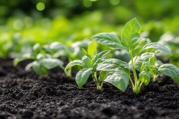 Young seedlings growing in rich soil, sunny garden