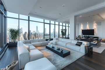 A sleek and contemporary living room in a penthouse, showcasing minimalist design, floor-to-ceiling windows, and plush seating arrangements.