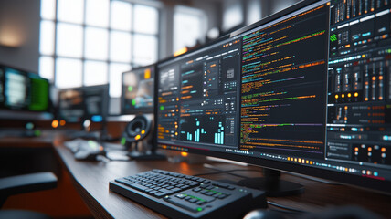 High tech computer setup with coding interface and data analysis tools