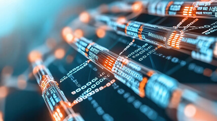 Digital code lines with AI algorithm filtering and cyber security elements