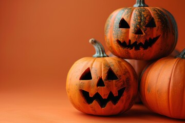 Wall Mural - Three carved pumpkins sitting on top of each other