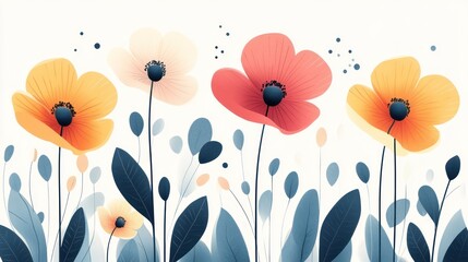 Wall Mural - Colorful poppy flowers in a stylized floral arrangement.