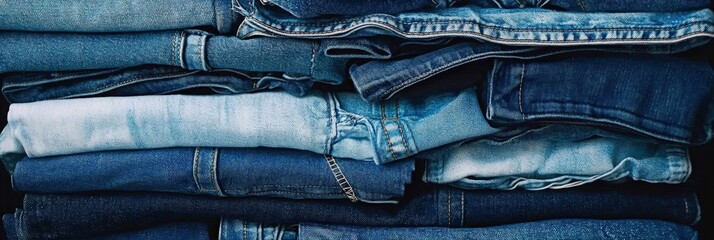 A stack of denim jeans with varying shades of blue and visible stitching