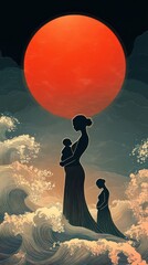 Wall Mural - Silhouette of mother and child against a large red sun and ocean waves.