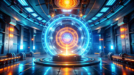 Wall Mural - Cyberpunk Tech Exhibition Hall with Central Glowing Energy Core. Perfect for: Cyberpunk theme, Exhibition hall