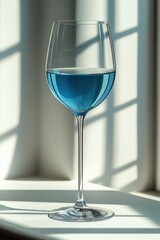 Sticker - Wine glass, blue liquid, sunlit window.