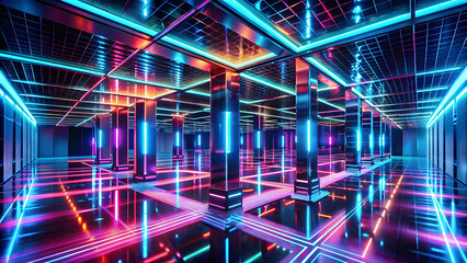 Wall Mural - Neon-Lit High-Tech Hall with Shimmering Reflections. Perfect for: Futuristic theme, Tech hall