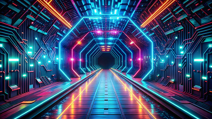 Wall Mural - Cyberpunk High-Tech Tunnel with Intricate Circuit Patterns. Perfect for: Cyberpunk theme, Tunnel