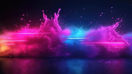 Wall Mural - electric watercolor idea. vibrant colorful liquid splash with dynamic lighting effects in a dark bac