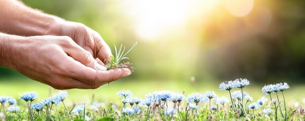 Hands nurturing grass among blooming flowers in a sunlit field.