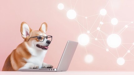 A Corgi wearing glasses sits beside a laptop, with a minimalistic pink background adorned with digital network patterns. Programmer job, IT profession, programming courses online, profession training