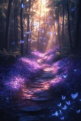 Wall Mural - Magical forest path, purple flowers, glowing butterflies.