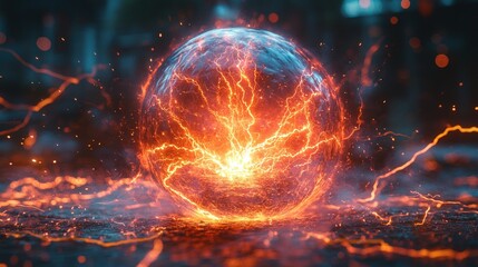 Wall Mural - Fiery sphere, electric veins, volcanic glow.