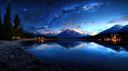Wall Mural - A beautiful night sky with a large milky way and mountains in the background