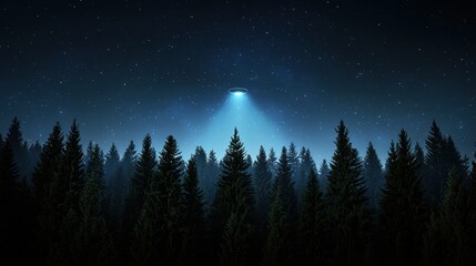 Wall Mural - A forest at night with a UFO flying through the sky