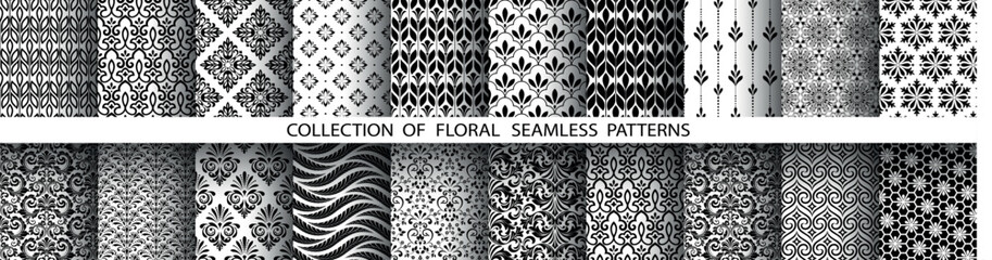 Wall Mural -  Geometric floral set of seamless patterns. White and black vector backgrounds. Damask graphic ornaments.