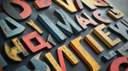 Wall Mural - Vintage Colorful Wooden Letters on Dark Background Close-Up