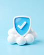 © Rysak - 3d render of a blue shield with checkmark on white cloud