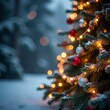 © PKArts - Snowy Christmas tree with warm glowing lights and ornaments in a winter wonderland scene for holiday marketing campaigns and festive advertising backgrounds