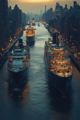 Wall Mural - Four ships sailing city waterway, dusk.