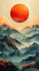 Poster - Surreal landscape with large red sun over misty mountains.