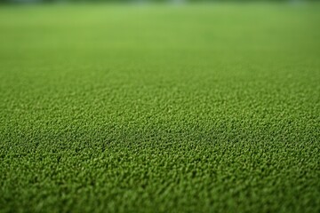 Wall Mural - Lush green artificial turf close-up, blurry background, sports field