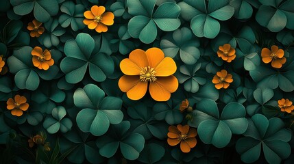 Wall Mural - Teal clover leaves with orange flowers background.