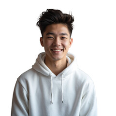 Sticker - Smiling Asian Man Portrait White Hoodie Happy Young Adult Male Model Face Black Image Photo Person  