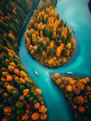 Wall Mural - Aerial view of a winding river with small boats floating on turquoise water  surrounded by green and golden pine trees landscape view