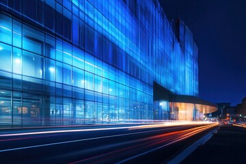Fototapete - Night cityscape Illuminated glass building, blurred traffic, urban background, corporate use